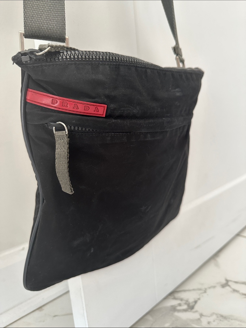 Prada Black Nylon Messenger Bag with Red Logo NEEDS GOOD CLEANING